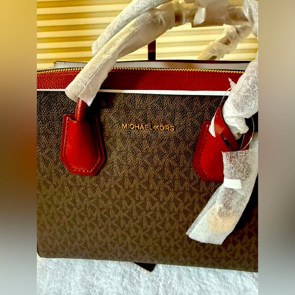 Michael Kors Brown MK signature  and Red Leather Mercer Satchel/Crossbody - Picture 2 of 10